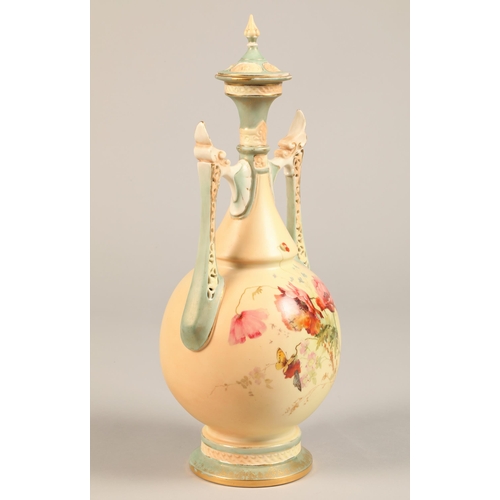 6A - Royal Worcester twin handled vase and cover, baluster form with reticulated handles, decorated with ... 