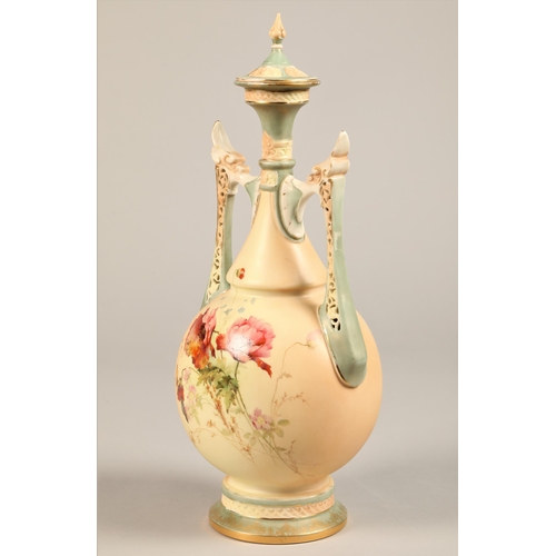 6A - Royal Worcester twin handled vase and cover, baluster form with reticulated handles, decorated with ... 