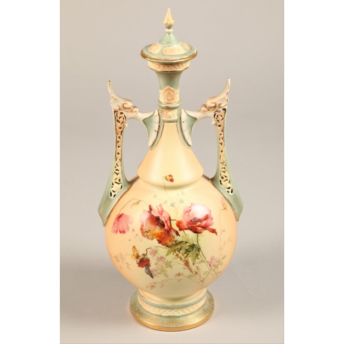 6A - Royal Worcester twin handled vase and cover, baluster form with reticulated handles, decorated with ... 