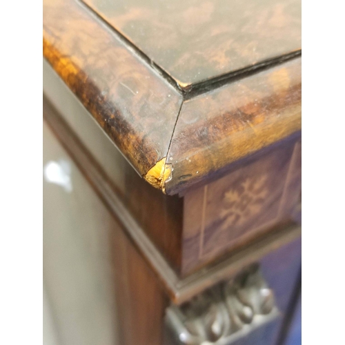 408 - Victorian inlaid walnut pier cabinet with glazed door enclosing shelved interior on plinth breakfron... 