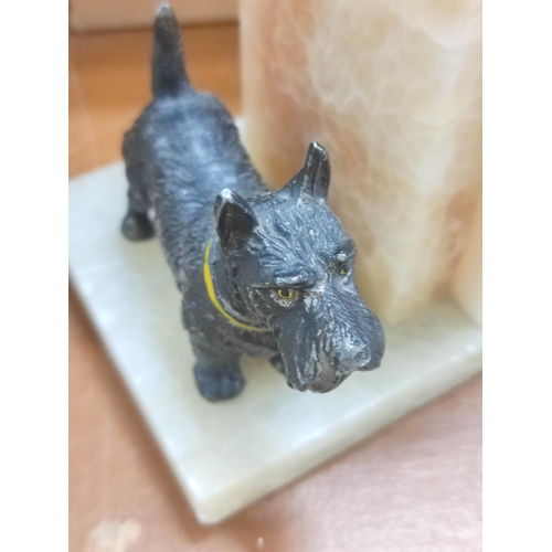 365 - Pair of Art Deco alabaster book ends with cold painted spelter Scottish Terrier figures.18 cm high.