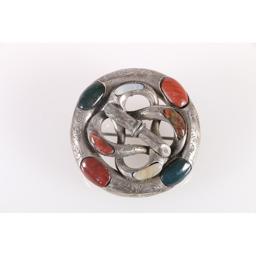 680 - Victorian silver metal mounted Scottish pebble brooch of circular form with entwined knot decoration... 