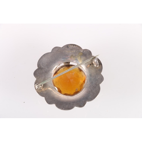 684 - Victorian silver metal mounted Scottish pebble brooch of target form set with large citrine, 4cm dia... 