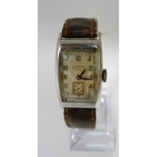 110 - Longines tank-style gent's wristwatch, c. 1940s, in stainless steel case with Arabic numerals, secon... 