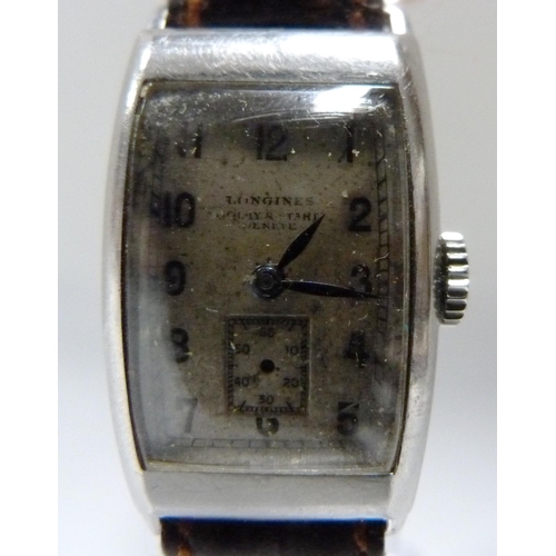 110 - Longines tank-style gent's wristwatch, c. 1940s, in stainless steel case with Arabic numerals, secon... 