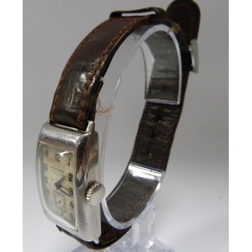 110 - Longines tank-style gent's wristwatch, c. 1940s, in stainless steel case with Arabic numerals, secon... 