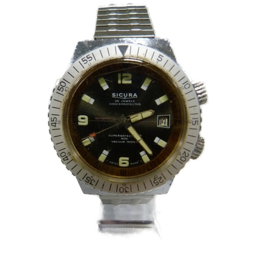 112 - Sicura 25 jewels superwaterproof 400 vacuum tested automatic diver's watch, c. 1970s, in stainless s... 