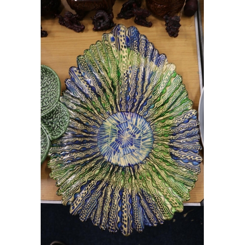 102 - Continental large leaf-shaped dish, and two other leaf moulded segmented dishes.  (3)