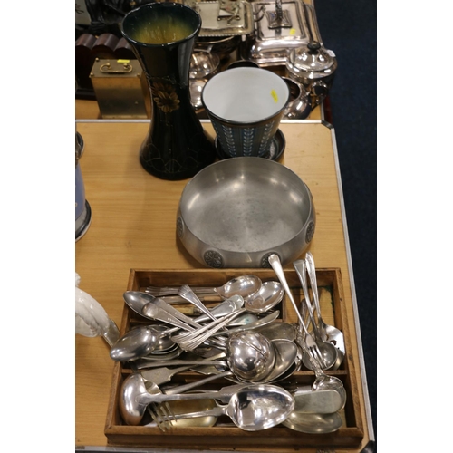 105 - Art Pottery vase, a similar plant pot and stand, a pewter dish, and cutlery.