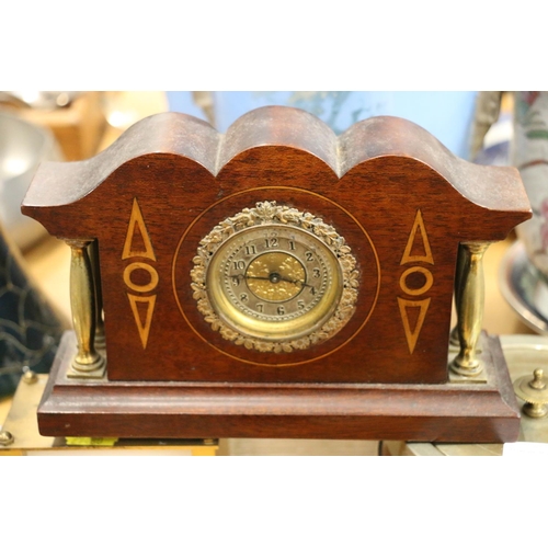 107 - Oak and silver-plated tobacco jar, a mahogany and brass mantle clock, and another.  (3)