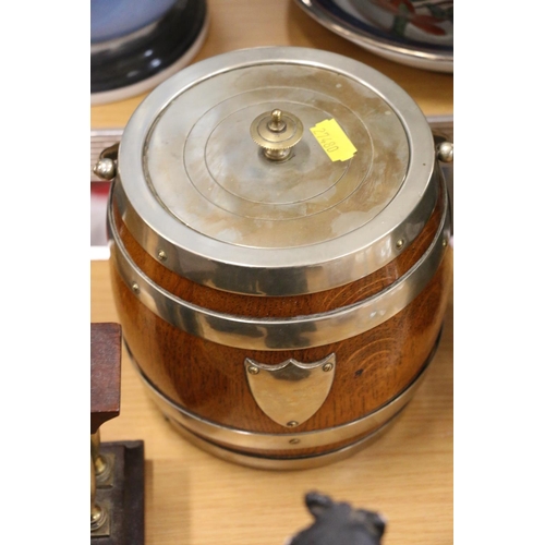 107 - Oak and silver-plated tobacco jar, a mahogany and brass mantle clock, and another.  (3)