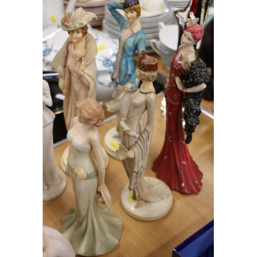 112 - Lladro model of a female, and seven models of decorative ladies.  (9)