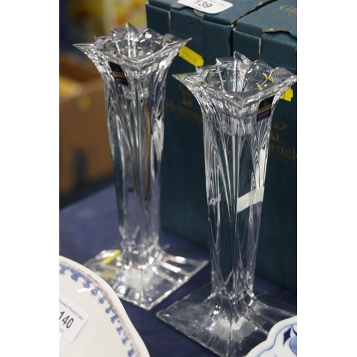 139 - Pair of Gleneagles Crystal candlesticks, 19cm, each boxed.