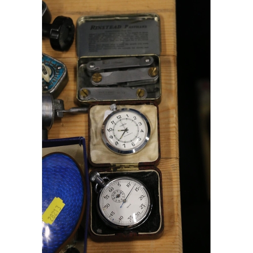 173 - Engineering gauges, a pocket watch, a stop watch, flatware, etc.