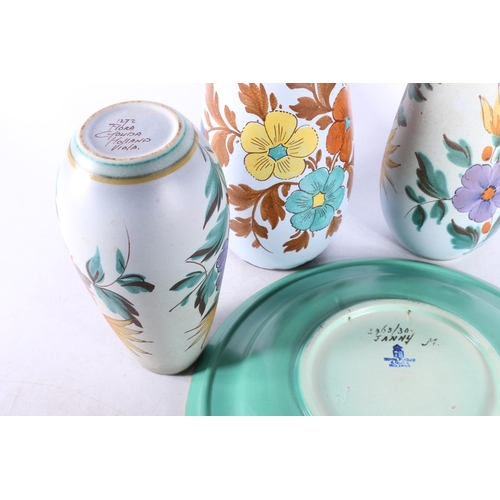 49 - Royal Plazuid floral decorated plate and three Gouda vases.  (4)