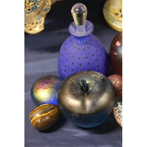 57 - Art Glass scent bottles, iridescent paperweights, etc.  (10)