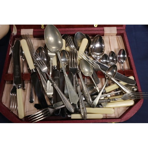 66 - Canteen of flatware, and a silver topped toilet jar.