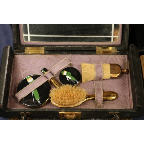 97 - Child's vanity set, cased, a pair of Benares brass vases, and a similar dish, etc.