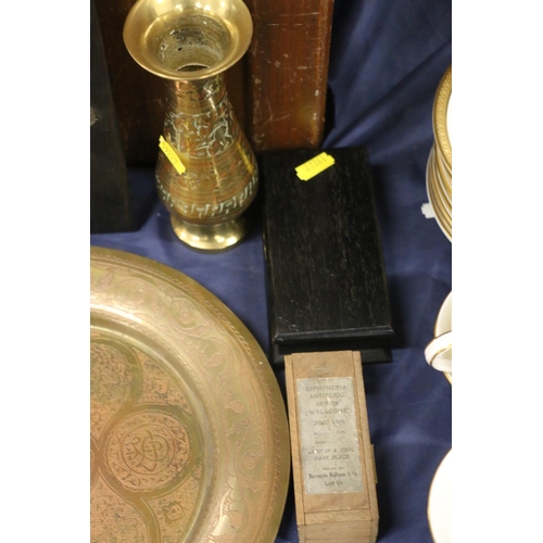 97 - Child's vanity set, cased, a pair of Benares brass vases, and a similar dish, etc.