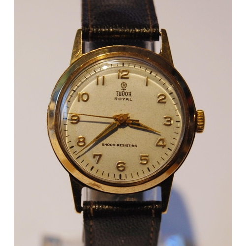 107 - Tudor Royal wristwatch in Rolex 9ct gold case, c. 1950s, with silvered dial, gold-coloured Arabic nu... 