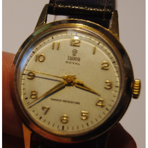 107 - Tudor Royal wristwatch in Rolex 9ct gold case, c. 1950s, with silvered dial, gold-coloured Arabic nu... 