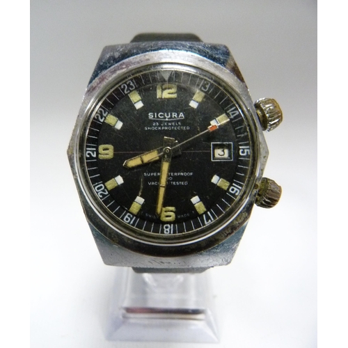 115 - Sicura 23 jewels Superwaterproof 400 vacuum tested manual wind diver's watch, c. 1960s, case diamete... 