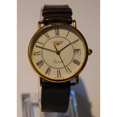 116 - Longines gent's quartz wristwatch with rolled gold bezel, white dial, Roman numerals and date window... 