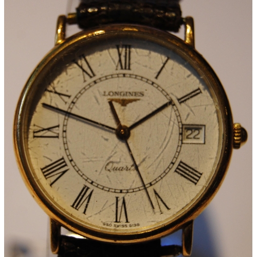 116 - Longines gent's quartz wristwatch with rolled gold bezel, white dial, Roman numerals and date window... 