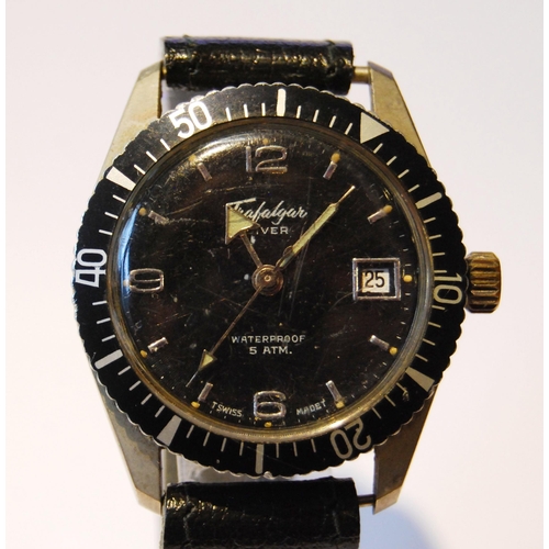 117 - Trafalgar Diver waterproof 5 ATM wristwatch, c. 1970s, with rotating seconds bezel, black dial, Arab... 