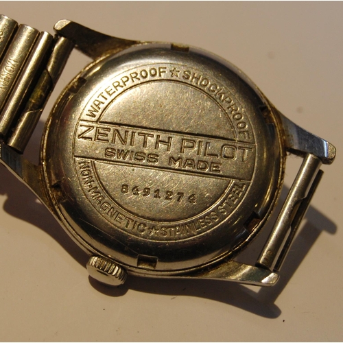 120 - Zenith Pilot manual wind wristwatch, c. 1946, in stainless steel case with white dial and Arabic num... 