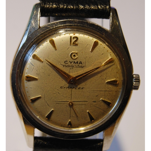 122 - Cyma Navystar magnetic gent's wristwatch, c. mid-century, in stainless steel case with silvered dial... 