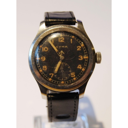 126 - WWII Cyma 'Dirty Dozen' military-issue manual wind wristwatch in stainless steel case with black dia... 