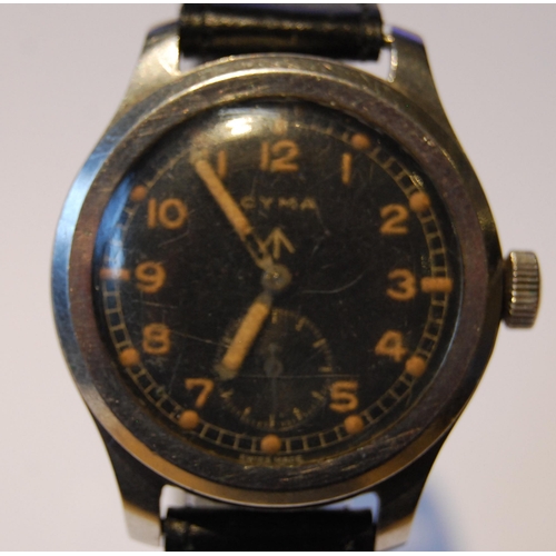 126 - WWII Cyma 'Dirty Dozen' military-issue manual wind wristwatch in stainless steel case with black dia... 