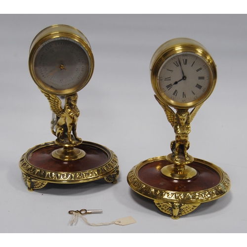 169 - Egyptian Revival brass drumhead desk clock with silvered dial on winged Sphinx support and walnut in... 