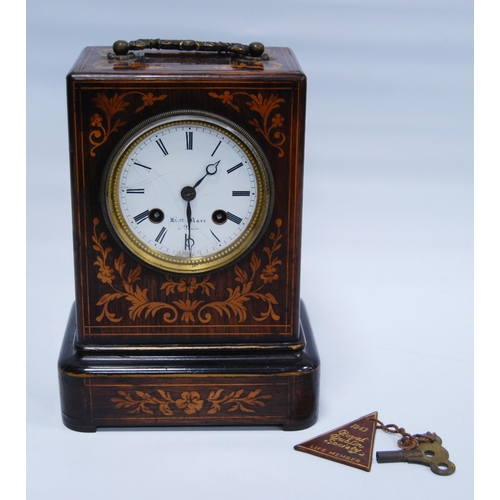 170 - Victorian inlaid rosewood mantel clock, the white enamel dial inscribed Henry Marc à Paris, the case... 