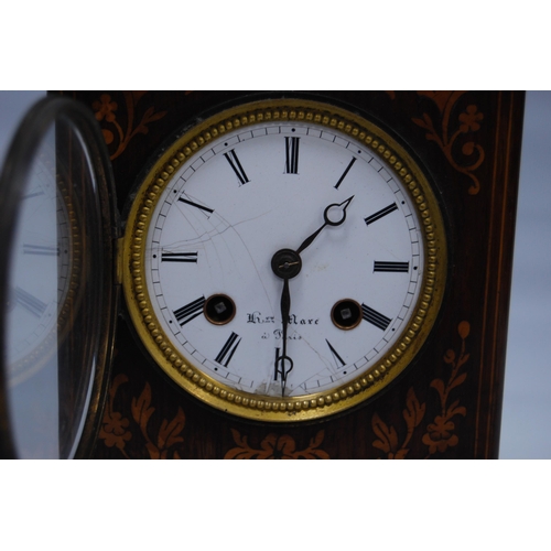 170 - Victorian inlaid rosewood mantel clock, the white enamel dial inscribed Henry Marc à Paris, the case... 