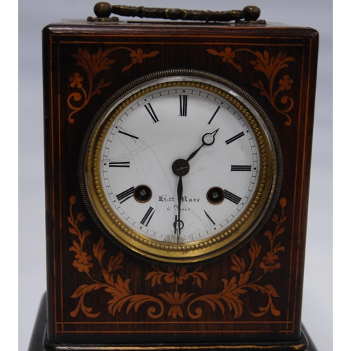 170 - Victorian inlaid rosewood mantel clock, the white enamel dial inscribed Henry Marc à Paris, the case... 