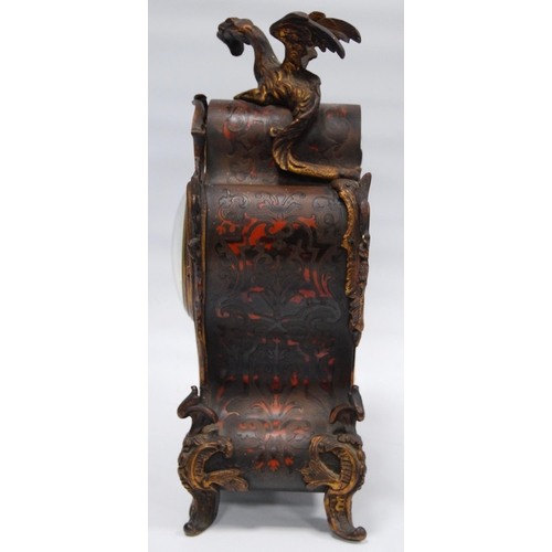 171 - 19th century French Boulle work mantel clock with gilt metal dragon surmount above an enamel dial wi... 