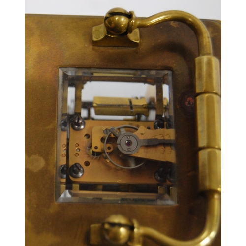 172 - Brass four glass carriage clock with viewing window to the top displaying the movement, the white en... 