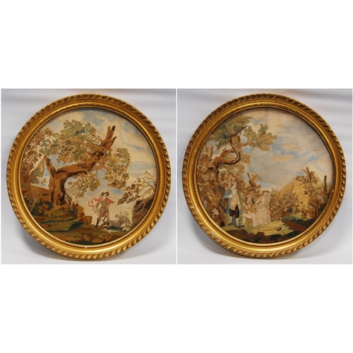 314 - Pair of Regency embroideries on silk, c. early 19th century, depicting an 18th century sword fight a... 