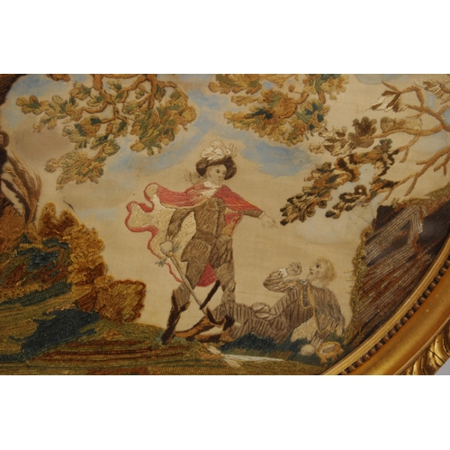 314 - Pair of Regency embroideries on silk, c. early 19th century, depicting an 18th century sword fight a... 