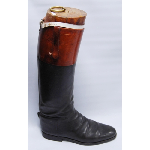 176 - Pair of black leather riding boots with wooden trees, brass ring handles to the trees, sole length a... 