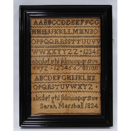 315 - George IV needlepoint sampler worked by Sarah Marshall, 1824, with alphabet above, 24cm x 17cm, in e... 