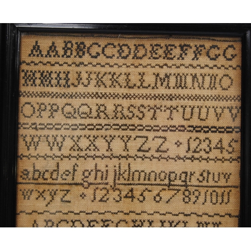 315 - George IV needlepoint sampler worked by Sarah Marshall, 1824, with alphabet above, 24cm x 17cm, in e... 