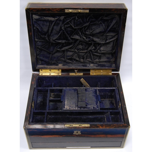 192 - 19th century coromandel stationery box, the hinged top opening to reveal a fitted blue velour interi... 