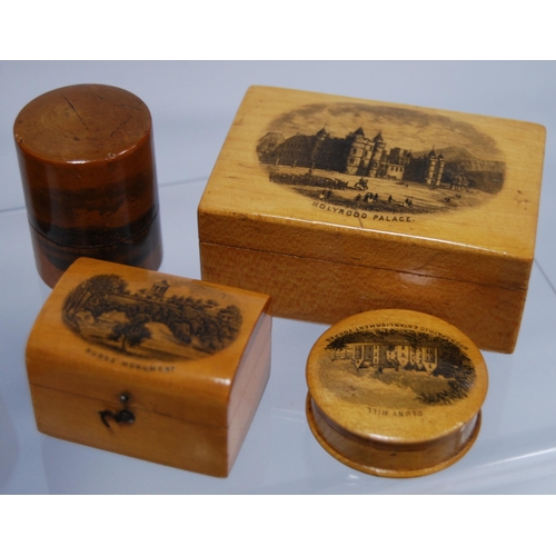 316 - Group of Mauchline ware to include a string box, glass holders, pill box, ring box, cylindrical boxe... 