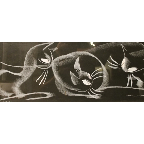 474 - ANNE HUDSON (1920-1977), Three Cats, chalk drawing, signed lower left, 24cm x 75cm, frame 29cm x 80c... 