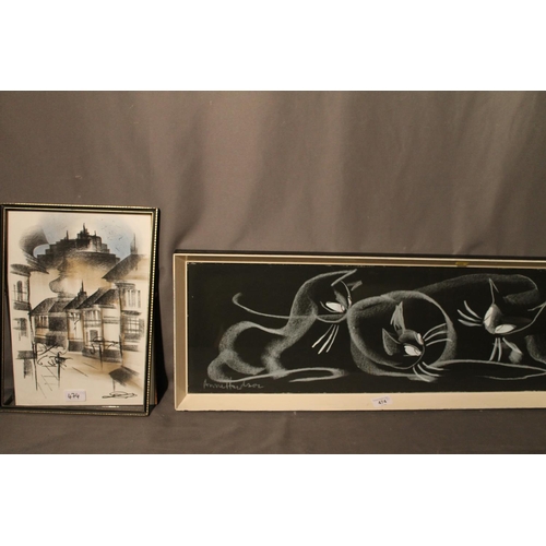 474 - ANNE HUDSON (1920-1977), Three Cats, chalk drawing, signed lower left, 24cm x 75cm, frame 29cm x 80c... 