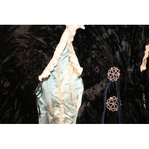 77C - Late Victorian crushed black velvet jacket with Venice point lace collar lined with French brocade s... 