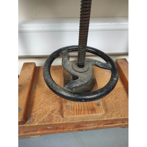 2 - Table top book press with turned thread screw and wheel handle. Height 60cm